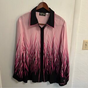 Bob Mackie Pink Black Ombre Grass-Print Button Front Blouse